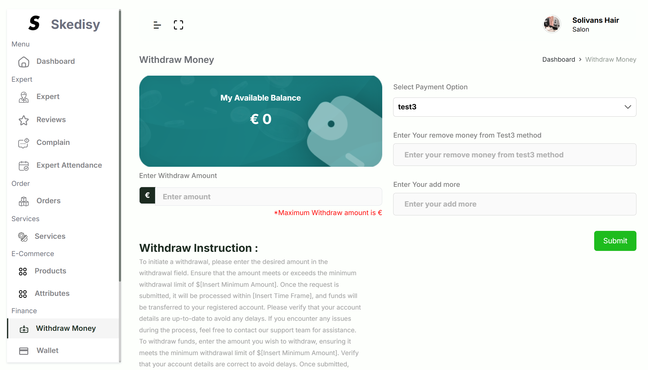 Skedisy Salon Owner Portal Withdraw Money