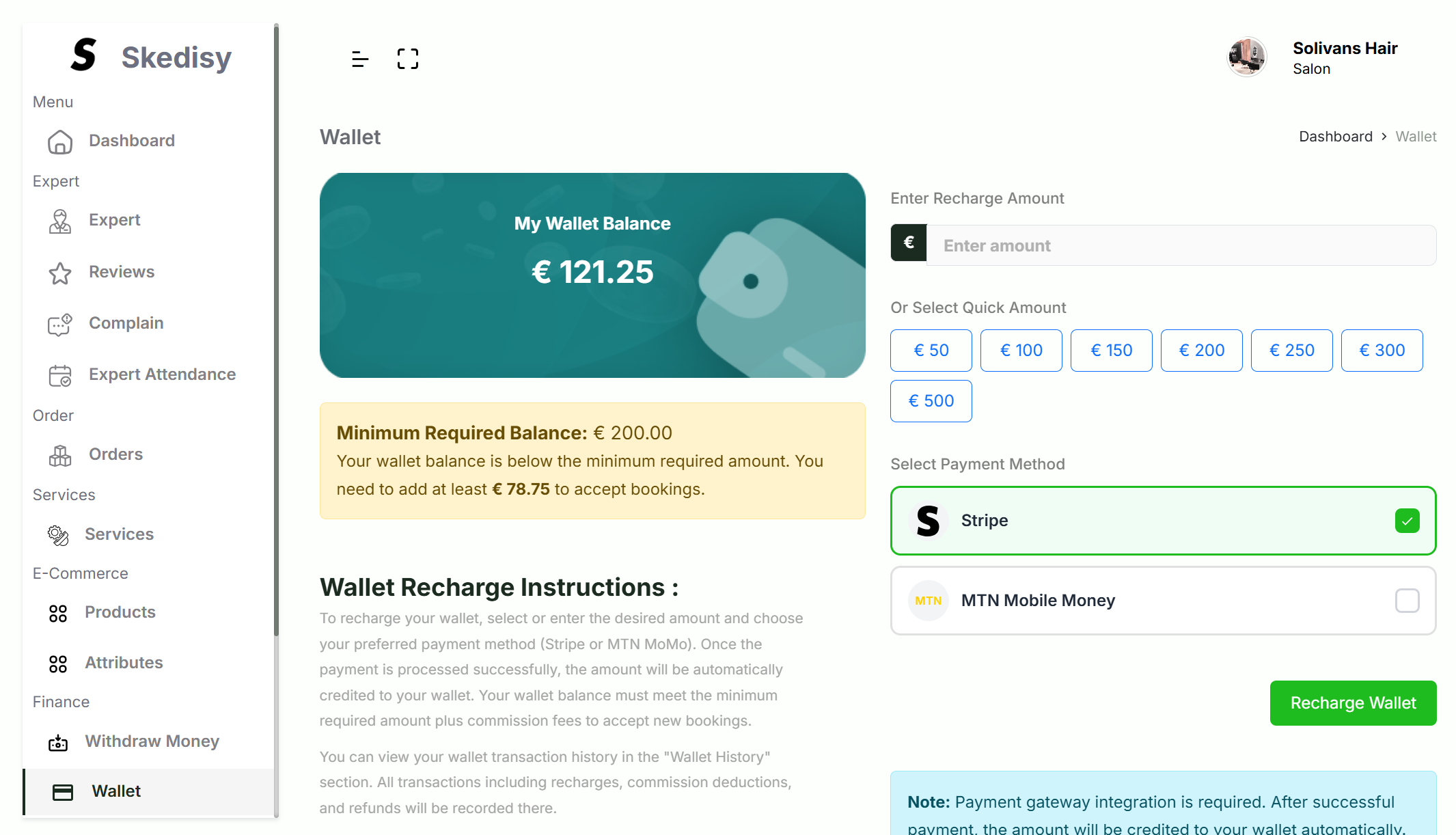 Skedisy Salon Owner Portal Wallet
