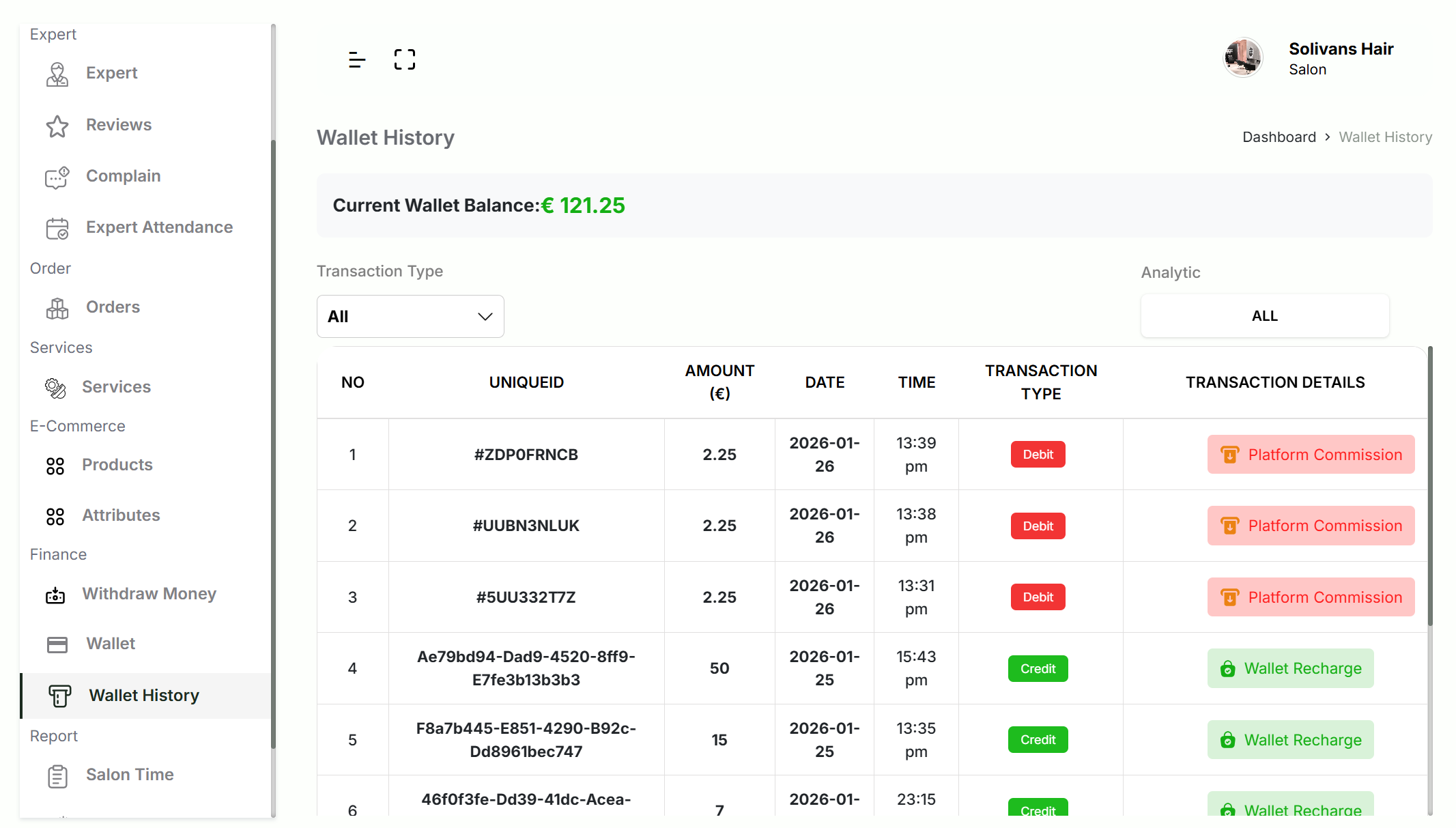 Skedisy Salon Owner Portal Wallet History